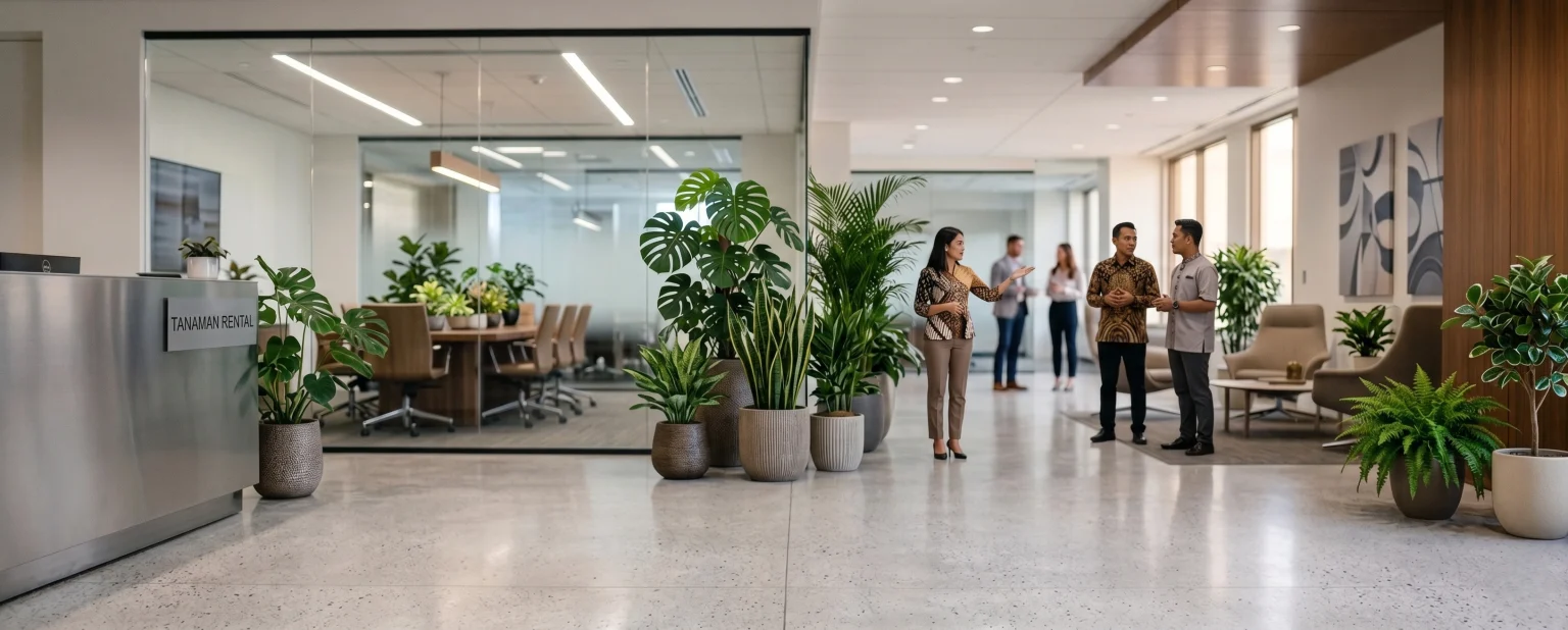 ruang lobby kantor ada karyawan sedang berdiskusi dan ada tanaman hias dari tanaman rental