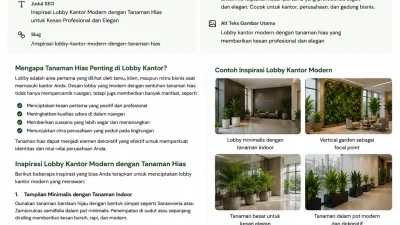 Lobby kantor modern dengan tanaman hias indoor premium dan desain interior minimalis elegan.