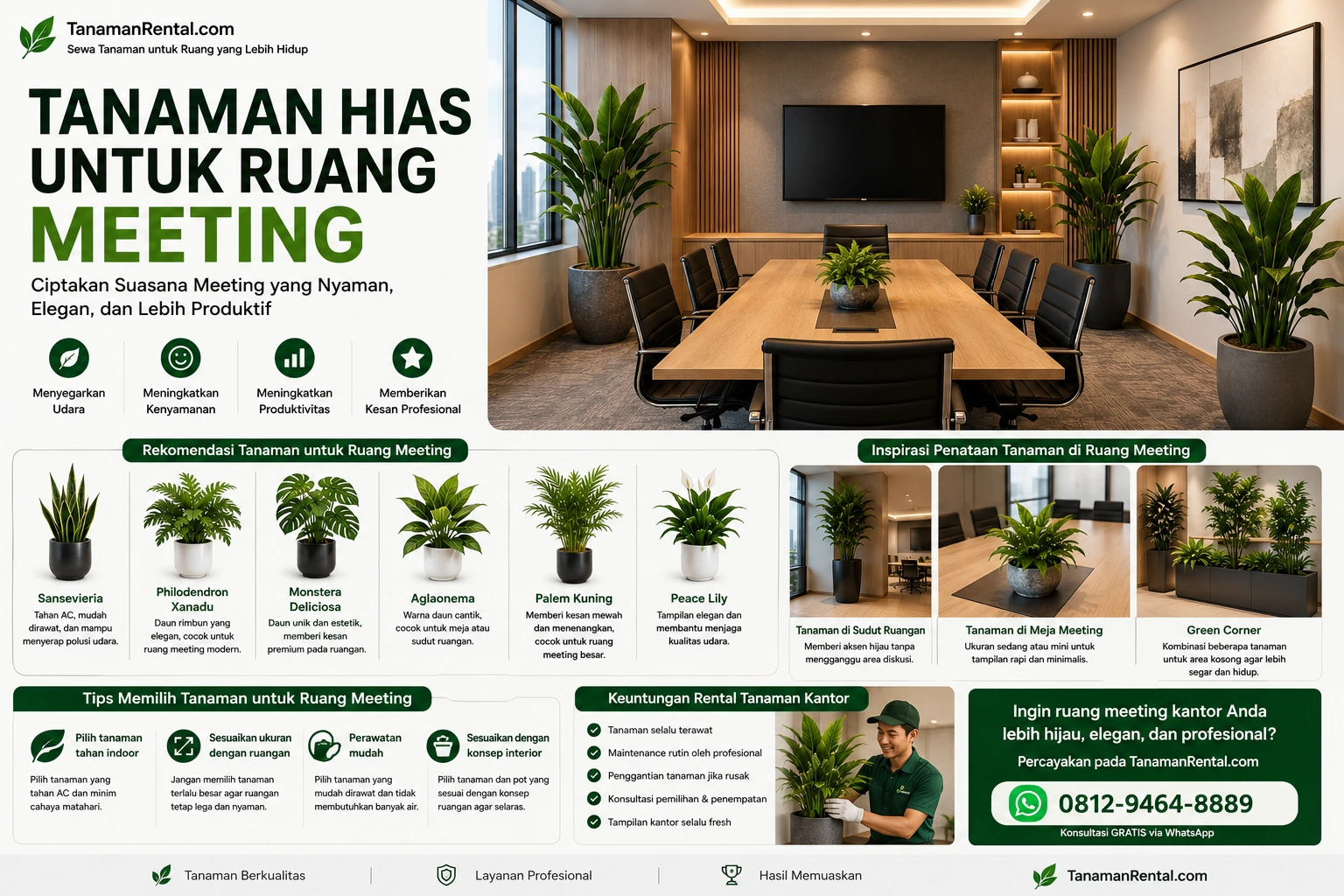 Tanaman hias indoor untuk ruang meeting modern dengan desain kantor elegan dan profesional.