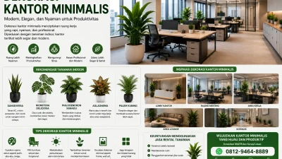 Dekorasi kantor minimalis modern dengan tanaman indoor dan interior kerja elegan.