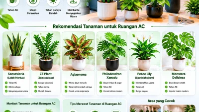 Tanaman untuk ruangan AC pada kantor modern dengan interior hijau dan suasana kerja nyaman.